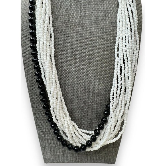 Vintage Bohemian Glass Black And White Multi Strand Necklace 25” Spring Ring - Picture 2 of 6